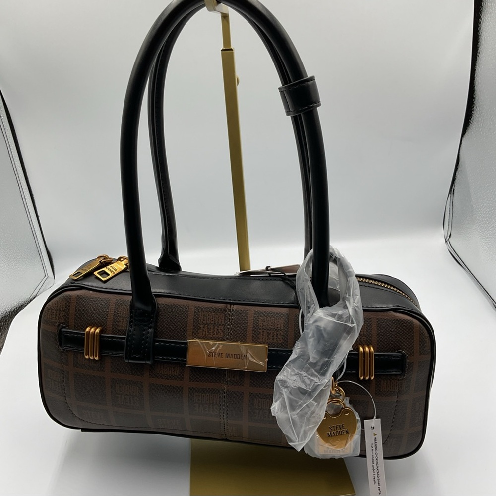 Steve Madden Brown Monogram Shoulder Bag with Black Handles - Picture 6 of 8